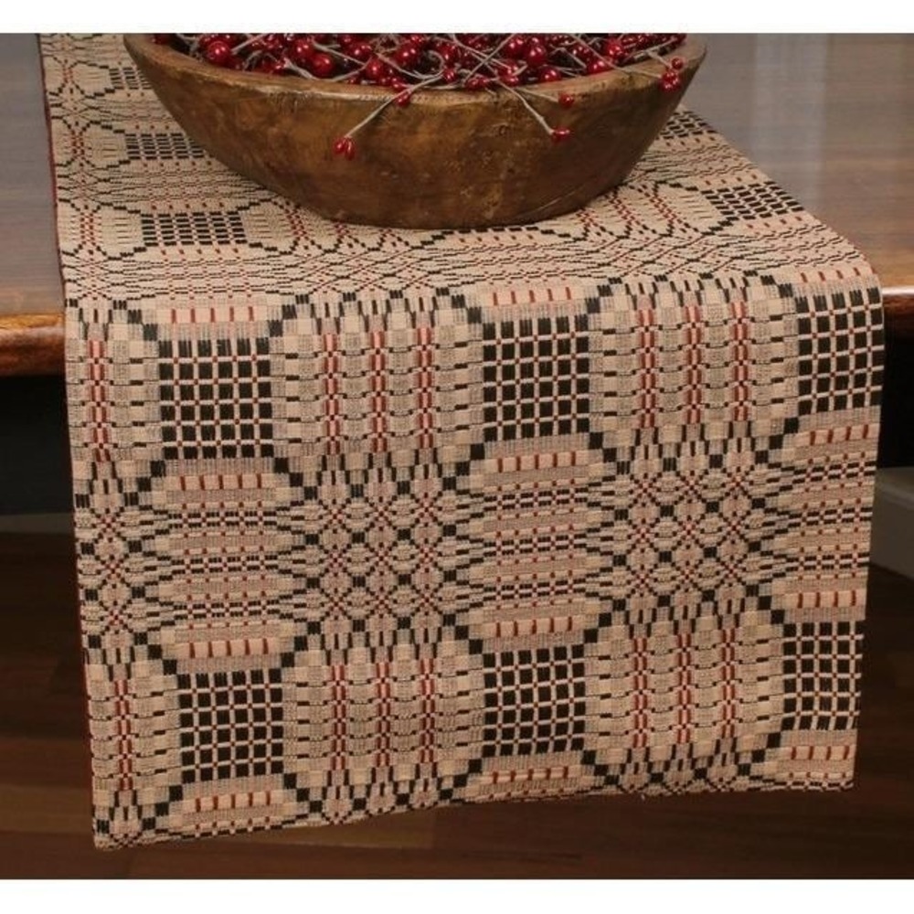 Primitive Colonial Trenton Coverlet Table Runner 14" x 36" Black Red Nutmeg NEW‎